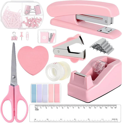 12 Pack Office Supply Kit,Pink Office Supplies Includes Stapler,Tape Dispenser,Staple Remover,Staples,Clips,Scissor,Staples,Clips,Scissor,Ruler and Tabs