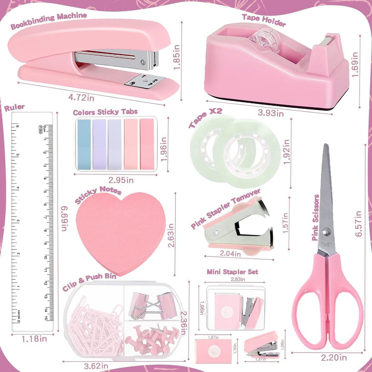 12 Pack Office Supply Kit,Pink Office Supplies Includes Stapler,Tape Dispenser,Staple Remover,Staples,Clips,Scissor,Staples,Clips,Scissor,Ruler and Tabs