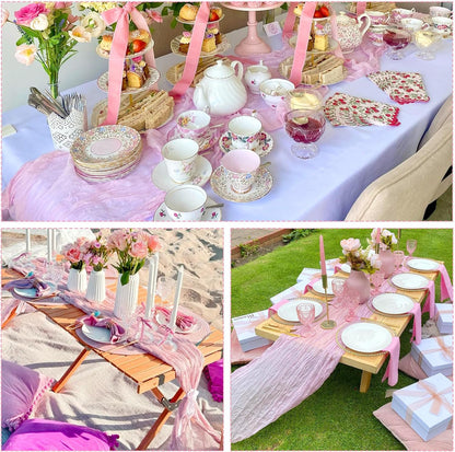 6 Pack Pink Cheesecloth Table Runner 35x120 Inch Gauze Rustic Boho Table Runner 10FT Cheese Cloth for Summer Wedding Decor Birthday Party Bridal Baby Shower Table Decoration