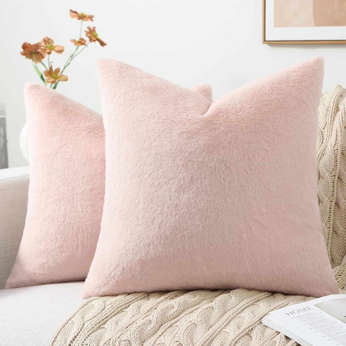 Faux Fur Decorative Throw Pillow Covers 18x18 Set of 2, Blush Pink