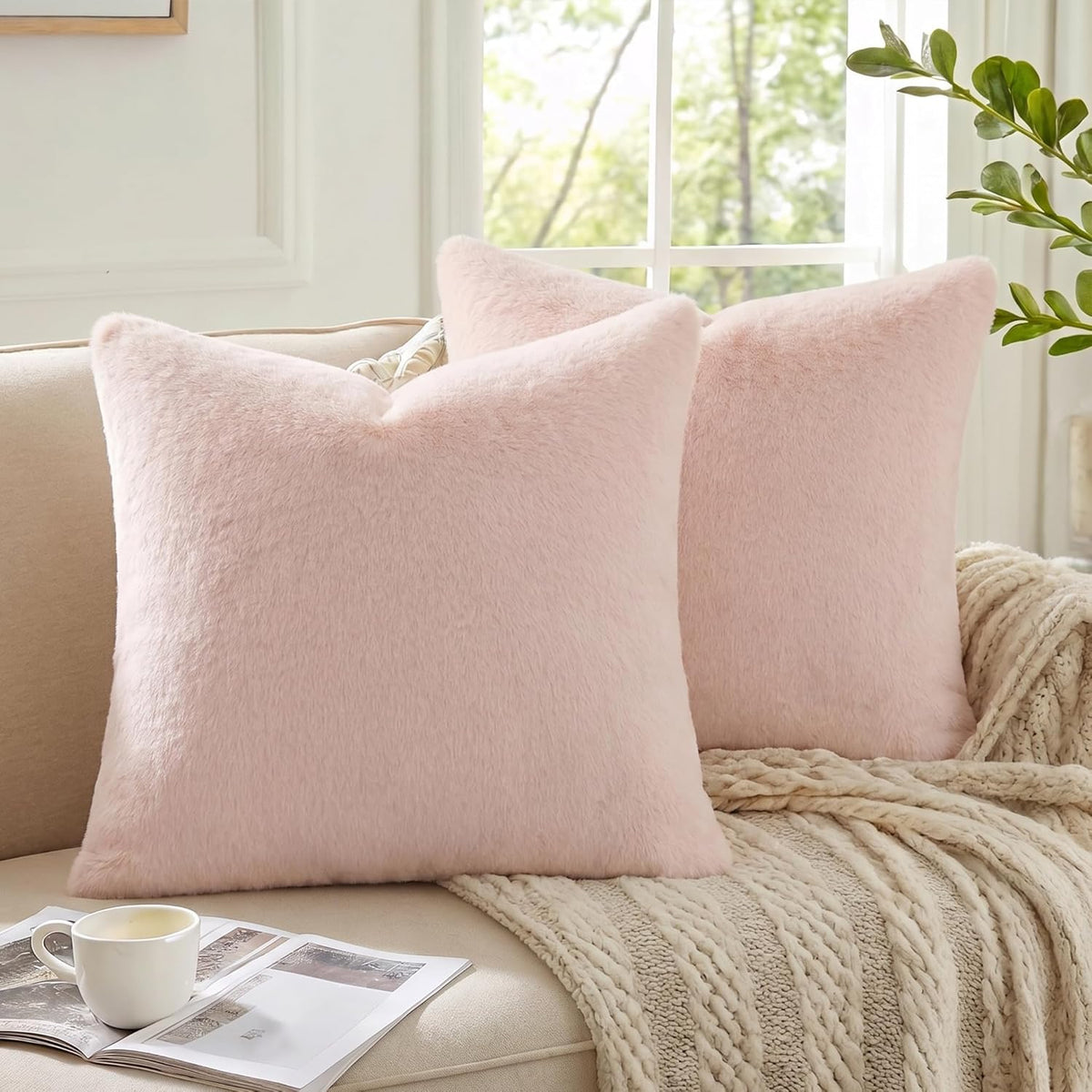 Faux Fur Decorative Throw Pillow Covers 18x18 Set of 2, Blush Pink