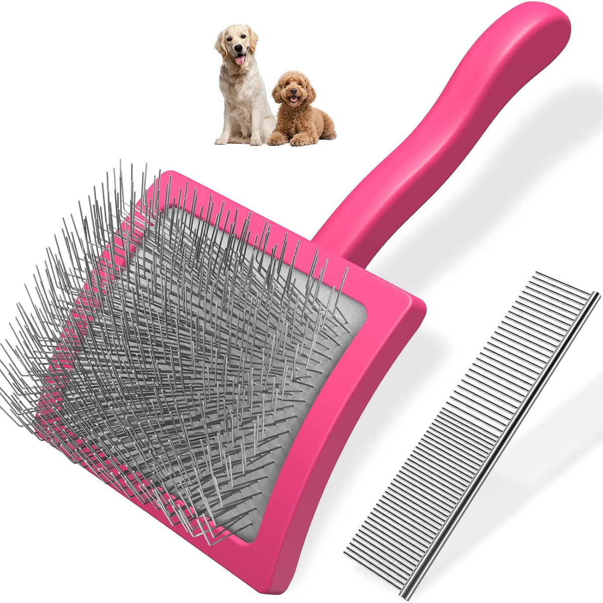 2PCS Slicker Brush for Dogs & Pet Comb,Professional Dog Grooming Brush (Goldendoodles,Poodles,Labradoodles) with Extra Long Pins to Effectively Remove Tangles, Knots and Mats (Pink, Large)