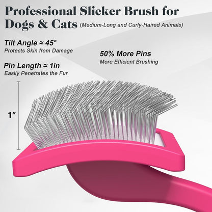 2PCS Slicker Brush for Dogs & Pet Comb,Professional Dog Grooming Brush (Goldendoodles,Poodles,Labradoodles) with Extra Long Pins to Effectively Remove Tangles, Knots and Mats (Pink, Large)
