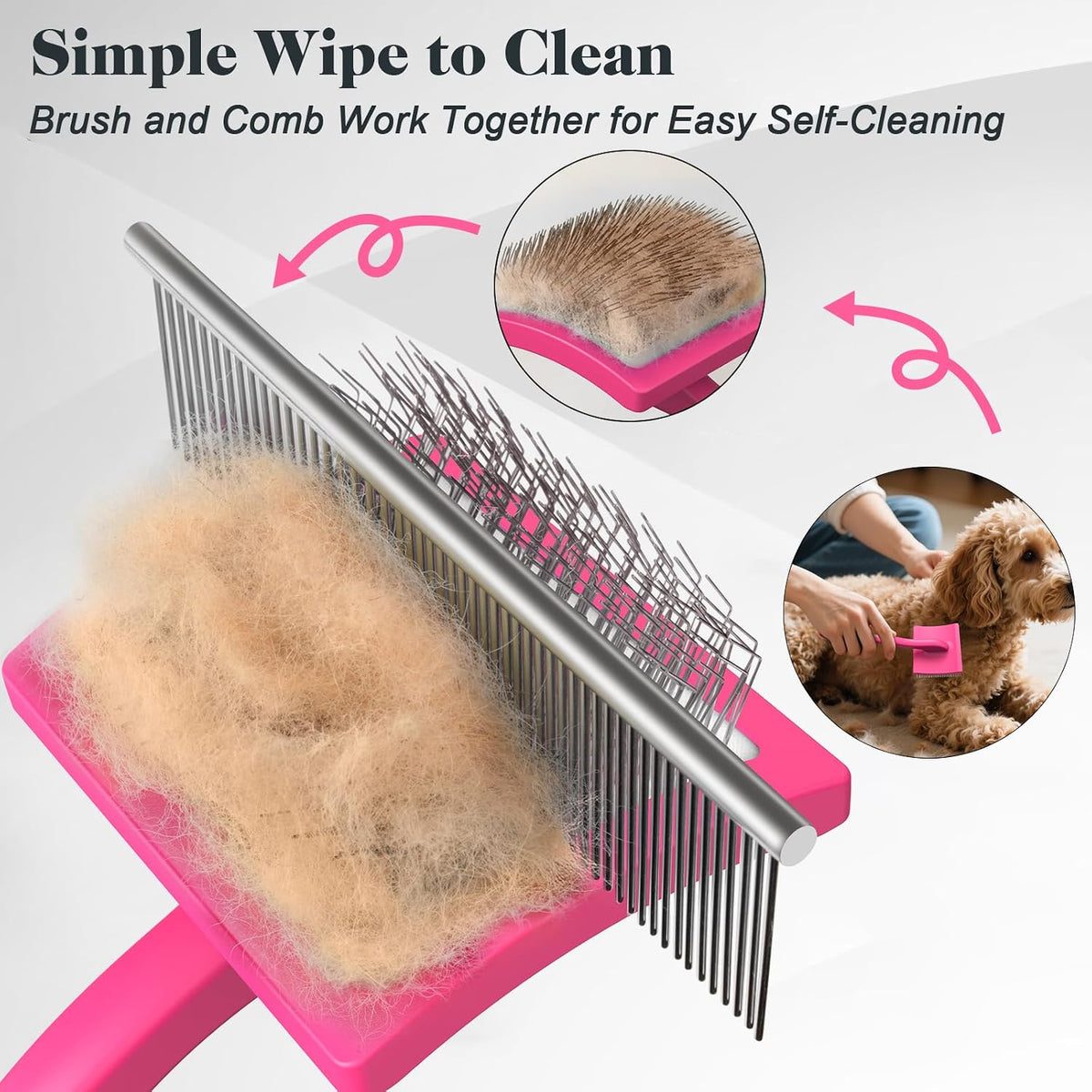 2PCS Slicker Brush for Dogs & Pet Comb,Professional Dog Grooming Brush (Goldendoodles,Poodles,Labradoodles) with Extra Long Pins to Effectively Remove Tangles, Knots and Mats (Pink, Large)