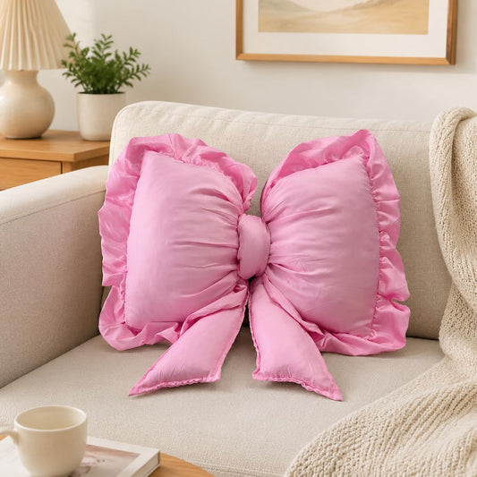 Pink Bow Pillow, Bow Shaped Decorative Throw Pillow for Sofa Couch Bed, Cute Coquettish Bowknot Lumbar Support Cushion for Office Chair Car Seat Home Room Decorations (Pink)
