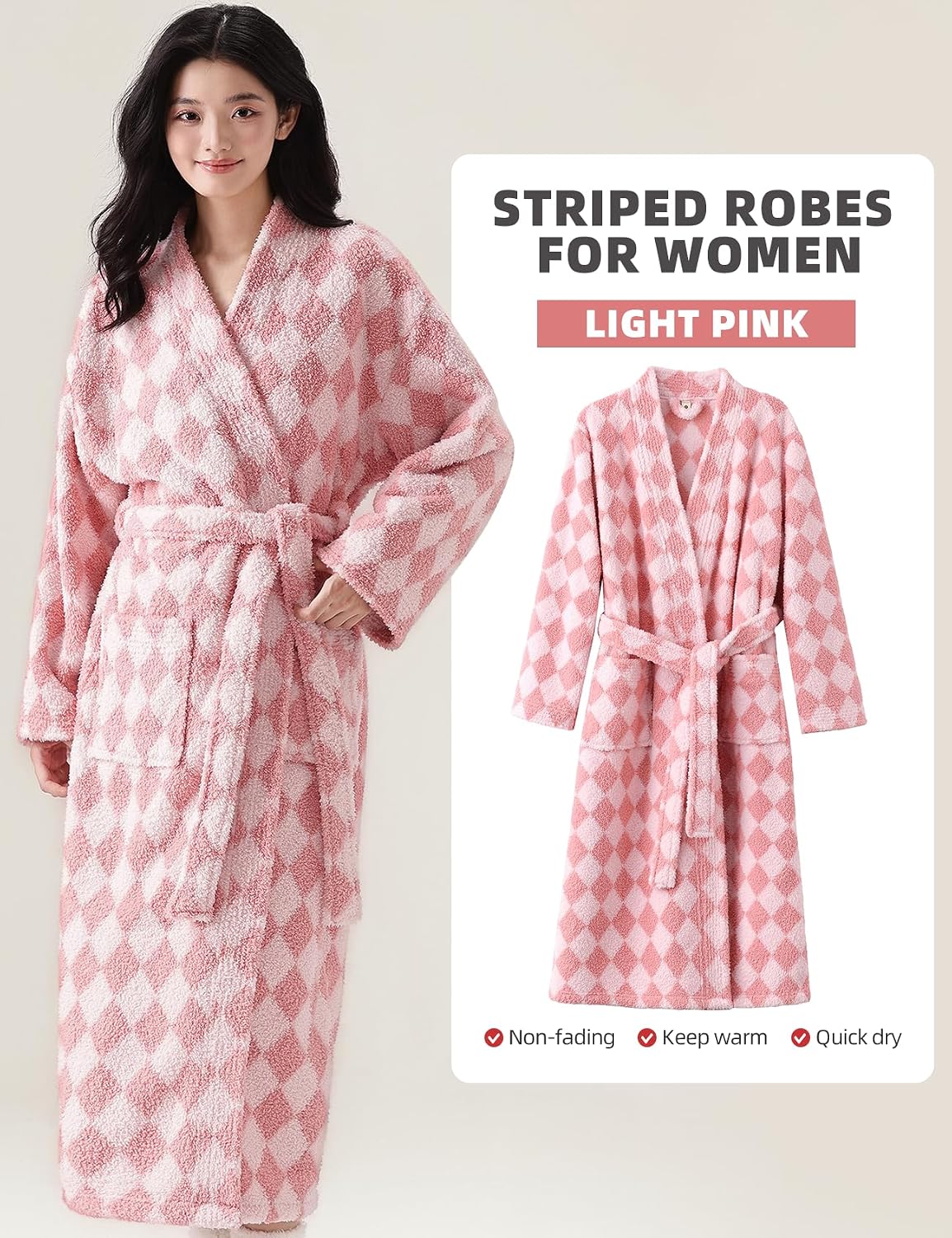Womens Striped Fluffy Robe Long Plush Fuzzy Warm Bathrobes