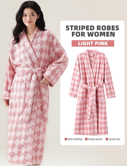 Womens Striped Fluffy Robe Long Plush Fuzzy Warm Bathrobes