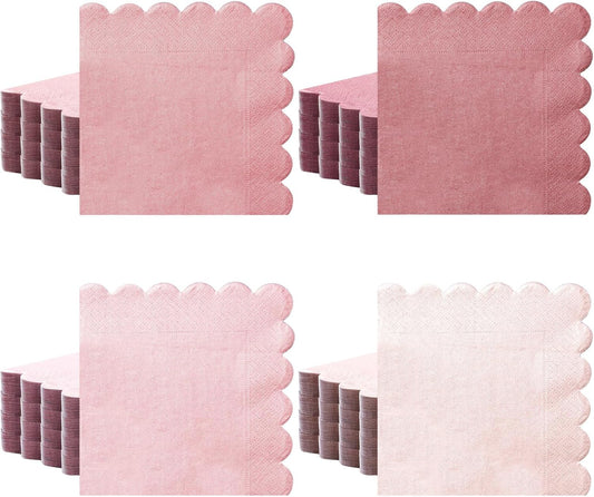 100 Pack Cocktail Napkins 5 x 5 Inch Scalloped Napkins Beverage Napkins Gradient Color Paper Napkins with Scalloped Edges Thick Disposable Luncheon Napkins for Party Supplies (Dusty Pink)