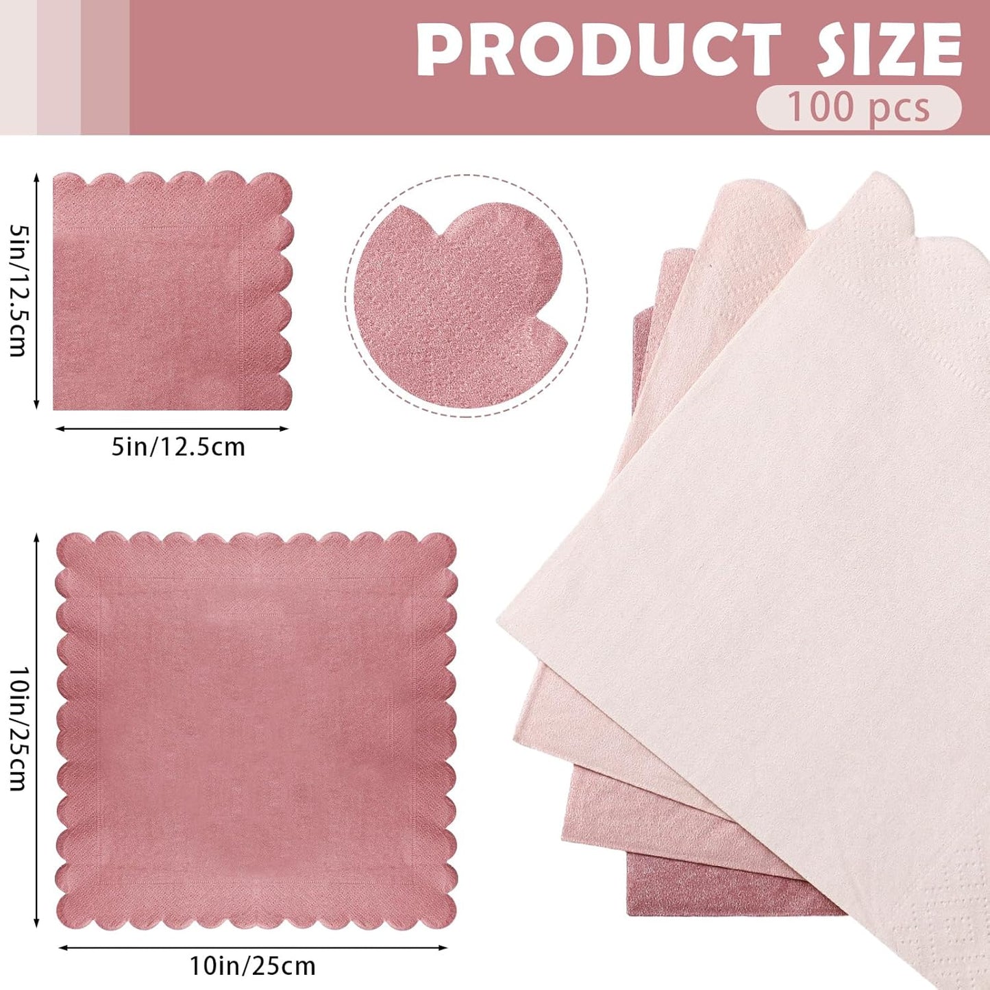 100 Pack Cocktail Napkins 5 x 5 Inch Scalloped Napkins Beverage Napkins Gradient Color Paper Napkins with Scalloped Edges Thick Disposable Luncheon Napkins for Party Supplies (Dusty Pink)