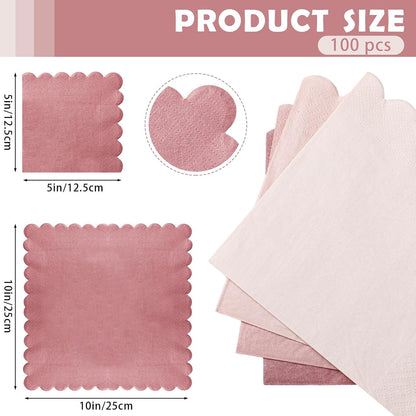 100 Pack Cocktail Napkins 5 x 5 Inch Scalloped Napkins Beverage Napkins Gradient Color Paper Napkins with Scalloped Edges Thick Disposable Luncheon Napkins for Party Supplies (Dusty Pink)