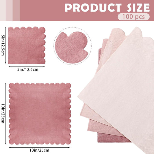 100 Pack Cocktail Napkins 5 x 5 Inch Scalloped Napkins Beverage Napkins Gradient Color Paper Napkins with Scalloped Edges Thick Disposable Luncheon Napkins for Party Supplies (Dusty Pink)