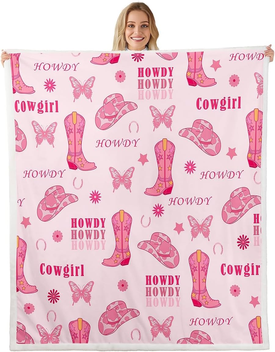 Cowgirl Boots Fleece Blanket,Western Tribal Horseshoe Cap Cowhide Print Bed Blanket for Adults Teens,Pink Butterfly Stars Daisy Flowers Graffiti Room Decor,Super Soft Flannel Blanket,40"x50"