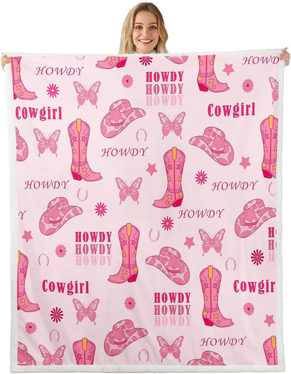 Cowgirl Boots Fleece Blanket,Western Tribal Horseshoe Cap Cowhide Print Bed Blanket for Adults Teens,Pink Butterfly Stars Daisy Flowers Graffiti Room Decor,Super Soft Flannel Blanket,40"x50"