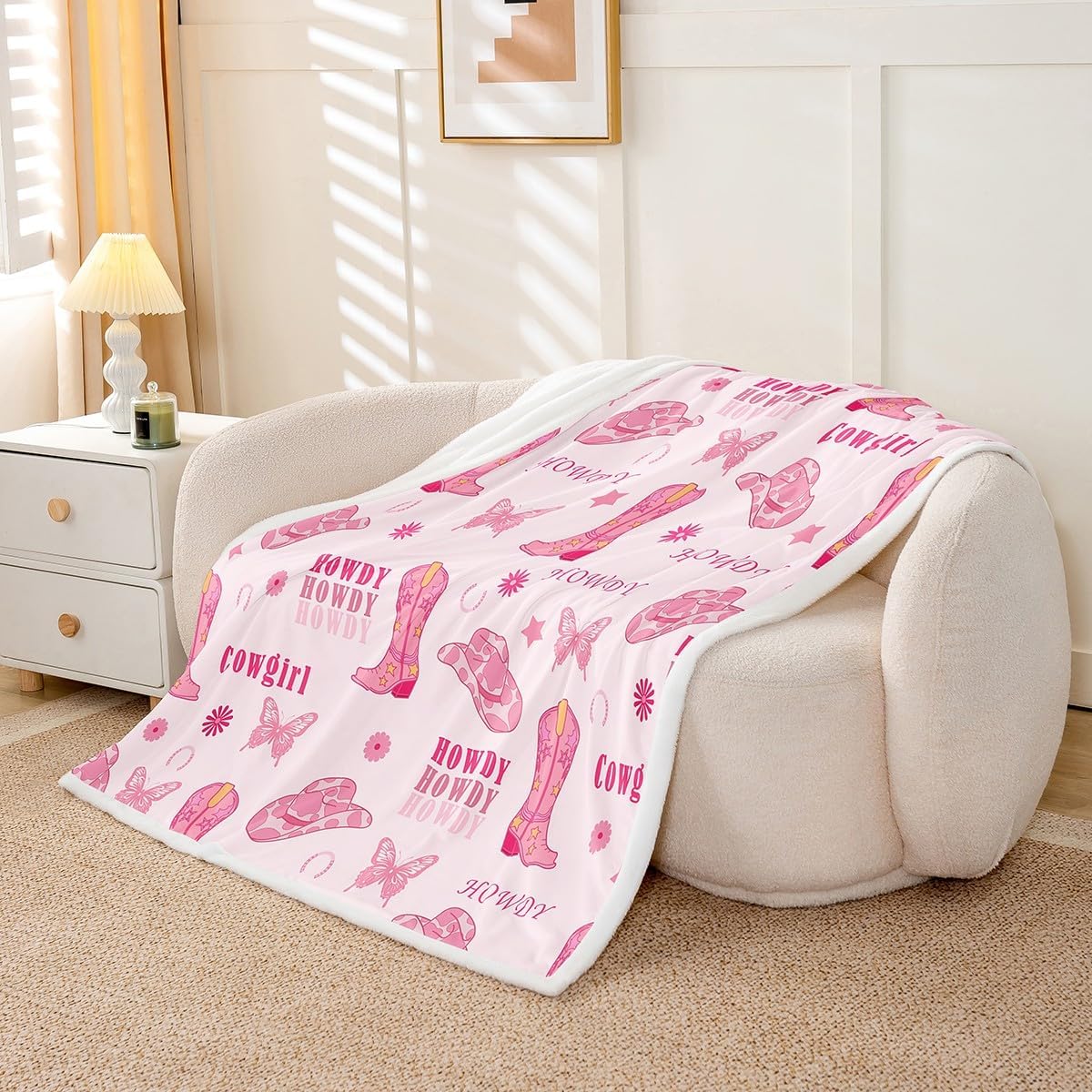 Cowgirl Boots Fleece Blanket,Western Tribal Horseshoe Cap Cowhide Print Bed Blanket for Adults Teens,Pink Butterfly Stars Daisy Flowers Graffiti Room Decor,Super Soft Flannel Blanket,40"x50"