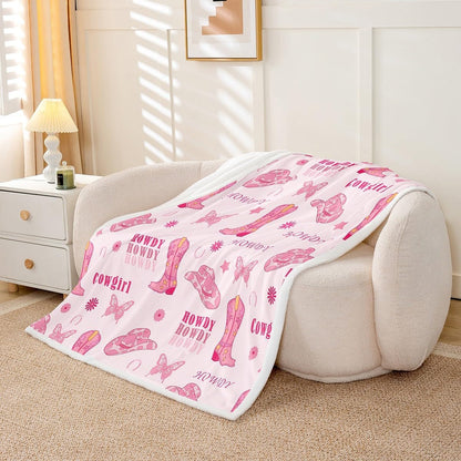 Cowgirl Boots Fleece Blanket,Western Tribal Horseshoe Cap Cowhide Print Bed Blanket for Adults Teens,Pink Butterfly Stars Daisy Flowers Graffiti Room Decor,Super Soft Flannel Blanket,40"x50"