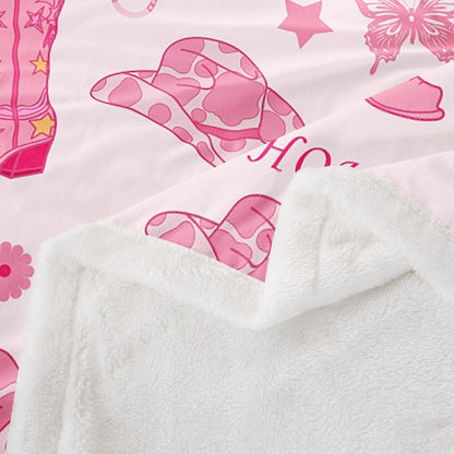 Cowgirl Boots Fleece Blanket,Western Tribal Horseshoe Cap Cowhide Print Bed Blanket for Adults Teens,Pink Butterfly Stars Daisy Flowers Graffiti Room Decor,Super Soft Flannel Blanket,40"x50"