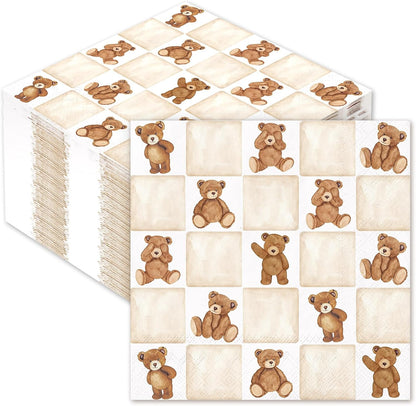 Whaline 50Pcs Checkered Bear Cocktail Napkins Beige Brown Gingham Paper Napkins Watercolor Beverage Napkin for Birthday Baby Shower Gender Neutral Party Supplies