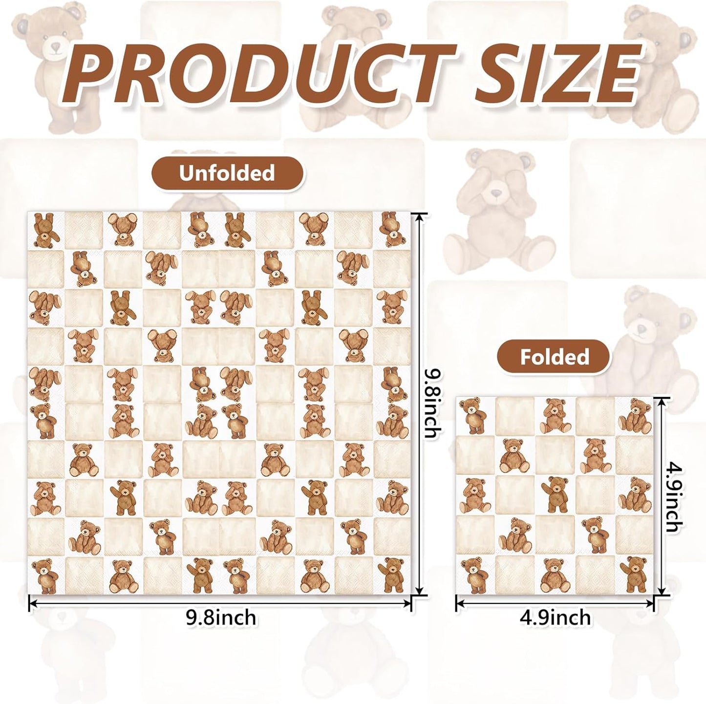 Whaline 50Pcs Checkered Bear Cocktail Napkins Beige Brown Gingham Paper Napkins Watercolor Beverage Napkin for Birthday Baby Shower Gender Neutral Party Supplies