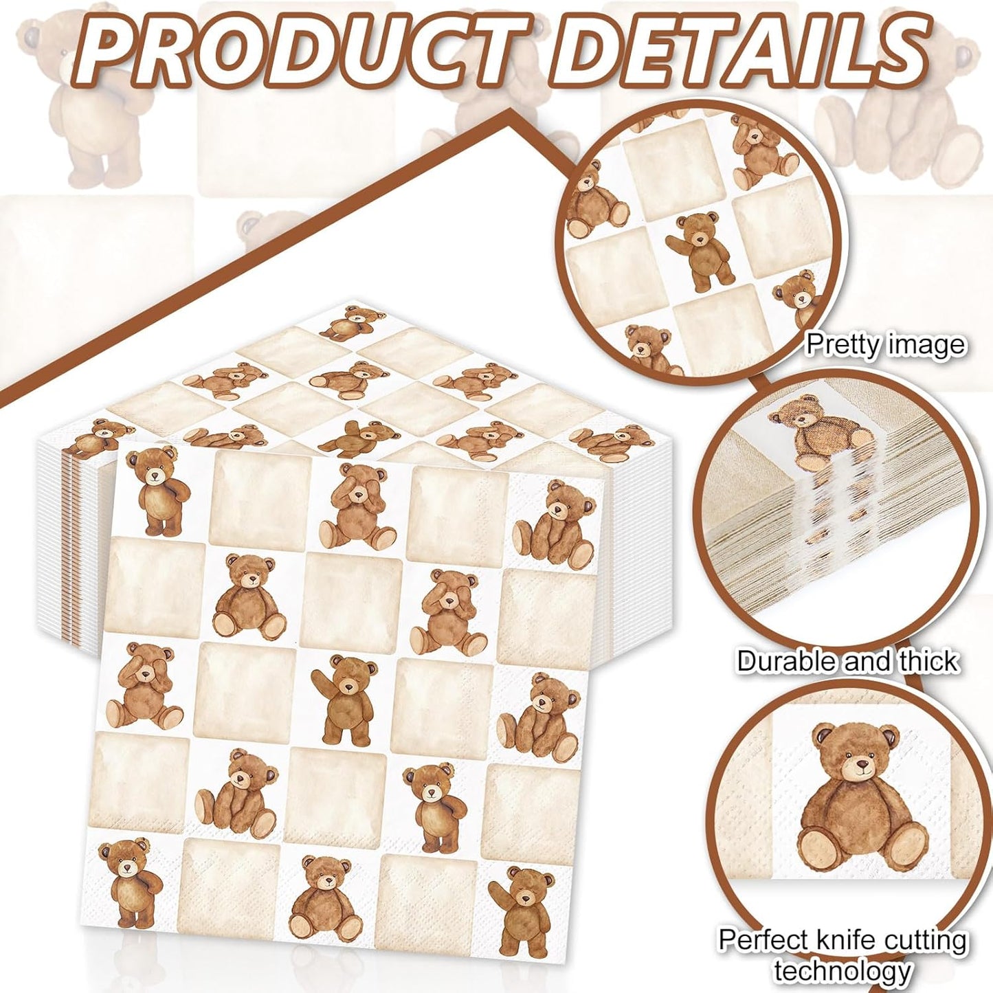 Whaline 50Pcs Checkered Bear Cocktail Napkins Beige Brown Gingham Paper Napkins Watercolor Beverage Napkin for Birthday Baby Shower Gender Neutral Party Supplies