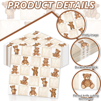 Whaline 50Pcs Checkered Bear Cocktail Napkins Beige Brown Gingham Paper Napkins Watercolor Beverage Napkin for Birthday Baby Shower Gender Neutral Party Supplies
