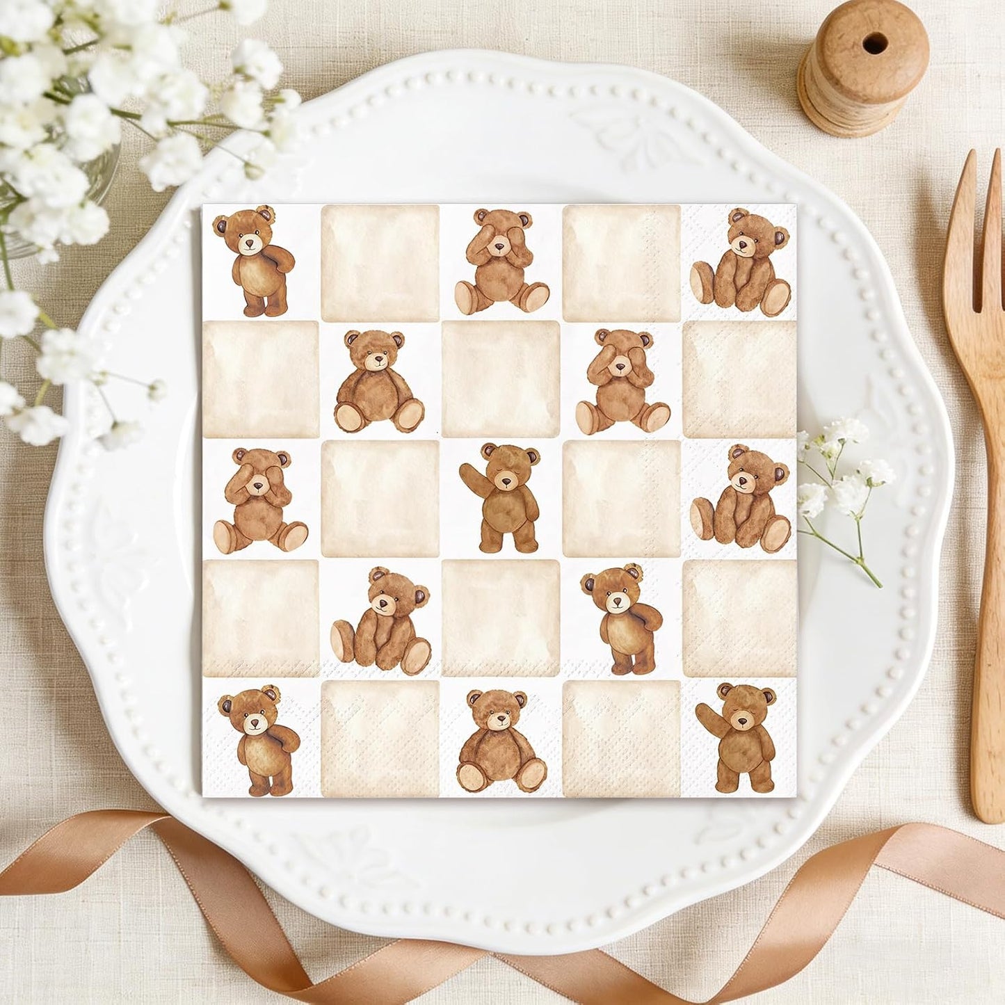 Whaline 50Pcs Checkered Bear Cocktail Napkins Beige Brown Gingham Paper Napkins Watercolor Beverage Napkin for Birthday Baby Shower Gender Neutral Party Supplies