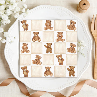 Whaline 50Pcs Checkered Bear Cocktail Napkins Beige Brown Gingham Paper Napkins Watercolor Beverage Napkin for Birthday Baby Shower Gender Neutral Party Supplies