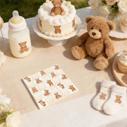 Whaline 50Pcs Checkered Bear Cocktail Napkins Beige Brown Gingham Paper Napkins Watercolor Beverage Napkin for Birthday Baby Shower Gender Neutral Party Supplies