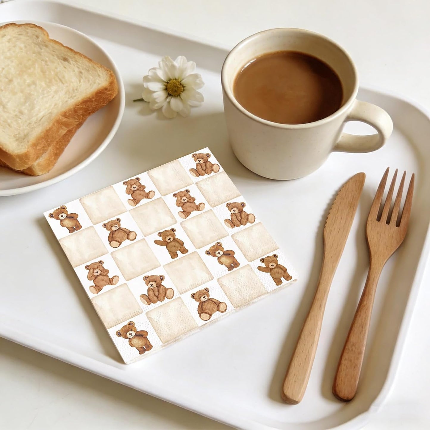 Whaline 50Pcs Checkered Bear Cocktail Napkins Beige Brown Gingham Paper Napkins Watercolor Beverage Napkin for Birthday Baby Shower Gender Neutral Party Supplies