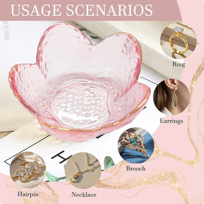 Gifts for Women Pink Flower Ring Dish Glass Jewelry Dish Jewelry Tray Cute Vanity Organizer Room Decor Aesthetic Nightstand Bathroom Decor Trinket Dish Ring Holder Dish Jewellery Tray Valentine's Gift