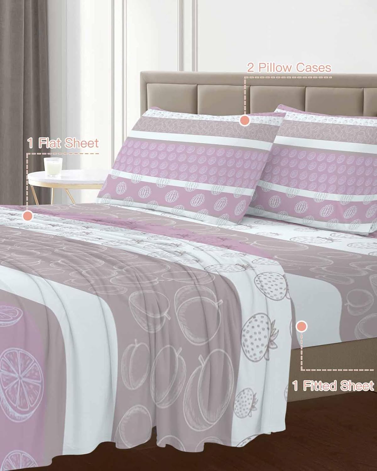 Farm Fruit King Size Sheets Set Strawberries Peach Watermelon Lemon Pink Striped Super Soft Breathable Microfiber King Bed Sheets Set Deep Pocket 4 Pieces 1 Flat Sheet, 1 Fitted Sheet, 2 Pillowcases