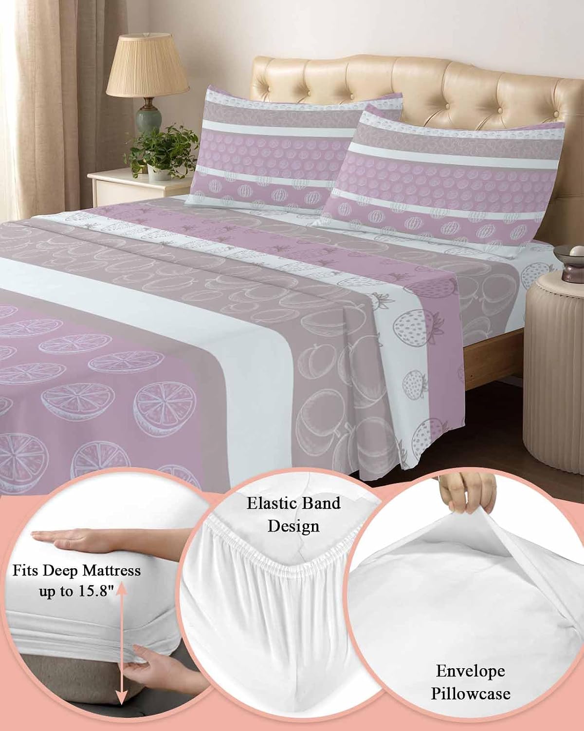 Farm Fruit King Size Sheets Set Strawberries Peach Watermelon Lemon Pink Striped Super Soft Breathable Microfiber King Bed Sheets Set Deep Pocket 4 Pieces 1 Flat Sheet, 1 Fitted Sheet, 2 Pillowcases