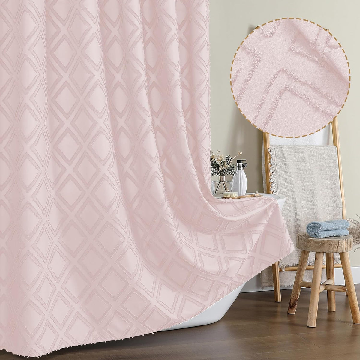 Blush Shower Curtain, Jacquard Clip Fabric Boho Shower Curtains for Bathroom, Geometric Lightweight Fabric Bathroom Shower Curtain, Elegant Modern Luxury Hotel Style Design, 72" W x 84" L