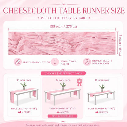 12 Pack Pink Cheesecloth Table Runner 17x108 Inch Boho Rustic Semi Sheer Gauze Cheese Cloth Table Runner for Wedding Bridal Shower Baby Shower Party Farmhouse Dining Table Decor