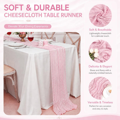 12 Pack Pink Cheesecloth Table Runner 17x108 Inch Boho Rustic Semi Sheer Gauze Cheese Cloth Table Runner for Wedding Bridal Shower Baby Shower Party Farmhouse Dining Table Decor