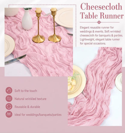 12 Pack Pink Cheesecloth Table Runner 17x108 Inch Boho Rustic Semi Sheer Gauze Cheese Cloth Table Runner for Wedding Bridal Shower Baby Shower Party Farmhouse Dining Table Decor