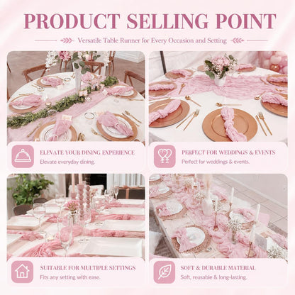 12 Pack Pink Cheesecloth Table Runner 17x108 Inch Boho Rustic Semi Sheer Gauze Cheese Cloth Table Runner for Wedding Bridal Shower Baby Shower Party Farmhouse Dining Table Decor