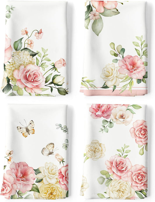 4Pcs Watercolor Flower Kitchen Tea Towels 100% Cotton Pink Floral Butterfly Hand Towels Multiple Uses Quick Dry Dish Cloth for Table, Kitchen Decor, Housewarming Gifts
