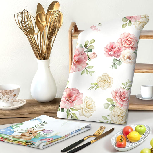 4Pcs Watercolor Flower Kitchen Tea Towels 100% Cotton Pink Floral Butterfly Hand Towels Multiple Uses Quick Dry Dish Cloth for Table, Kitchen Decor, Housewarming Gifts
