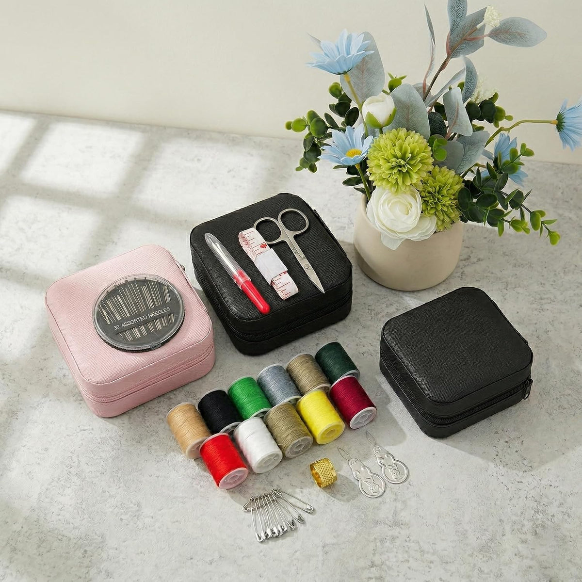 Portable Sewing Kit for Adults, Travel Sewing Supplies with Needles, Thread, Scissors, Zipper Repair Kit, Mini Emergency Sewing Set for Home, Office, Beginner & on-the-Go Repairs (Pink)