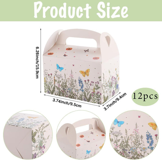 Beebeecraft 12Pcs Pink Floral Paper Gift Boxes Rectangle 3.7x6.3x3.7 Inch Daisy Butterfly Flower Gable Boxes with Handles for Candy Wedding Birthday Tea Bridal Shower Party Favor Supplies