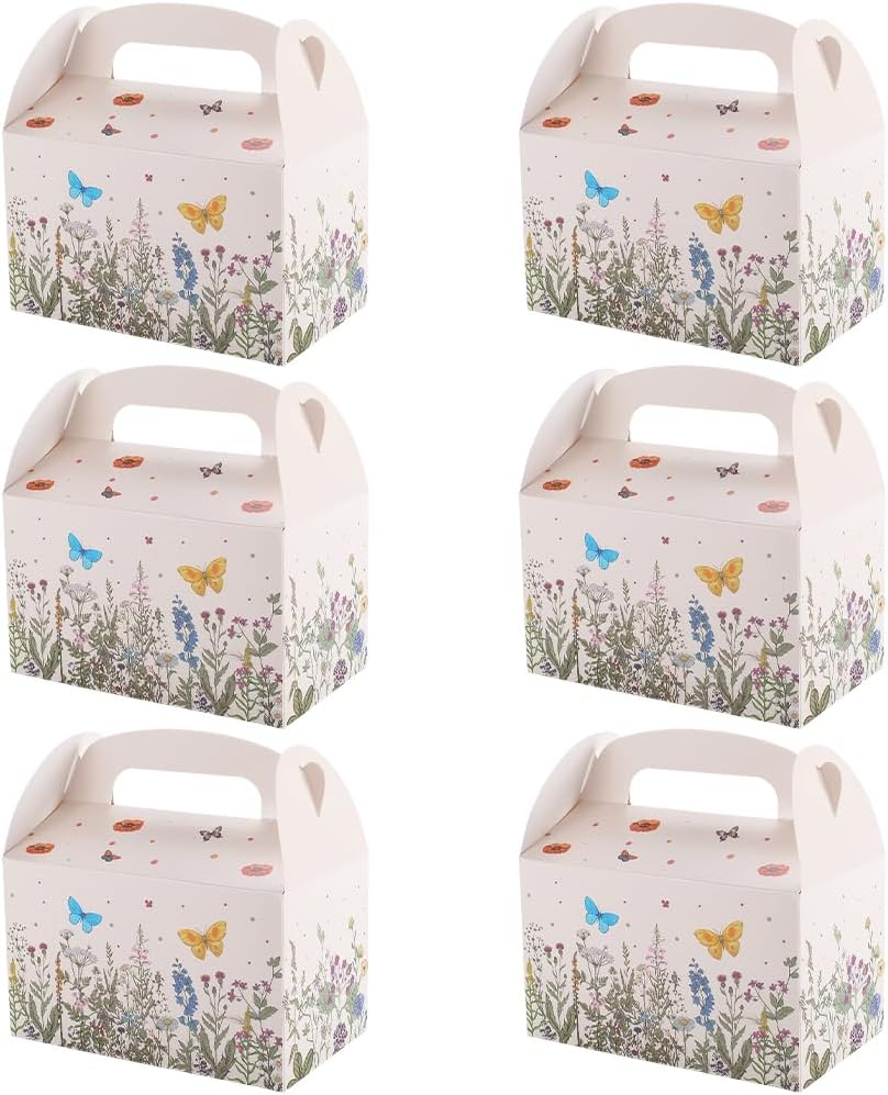 Beebeecraft 12Pcs Pink Floral Paper Gift Boxes Rectangle 3.7x6.3x3.7 Inch Daisy Butterfly Flower Gable Boxes with Handles for Candy Wedding Birthday Tea Bridal Shower Party Favor Supplies