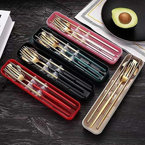 4 Pcs Portable Stainless Steel Tableware Set, Dishwasher Safe Reusable Flatware Cutlery Set, Include Fork Spoon Chopsticks with box (Golden pink)