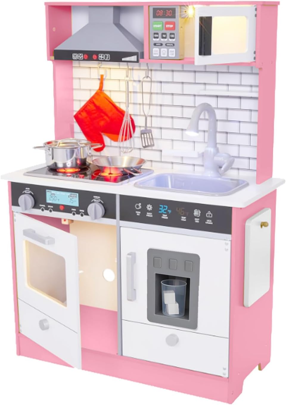 Wooden Play Kitchen Set, Range Hood & Oven Sounds, Pink, Medium