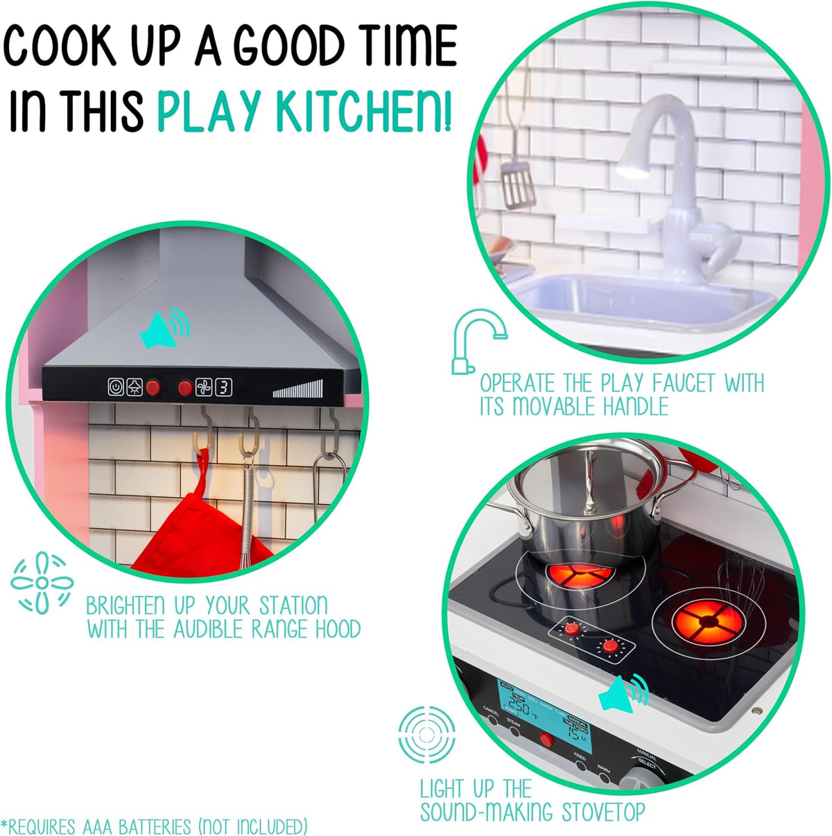 Wooden Play Kitchen Set, Range Hood & Oven Sounds, Pink, Medium