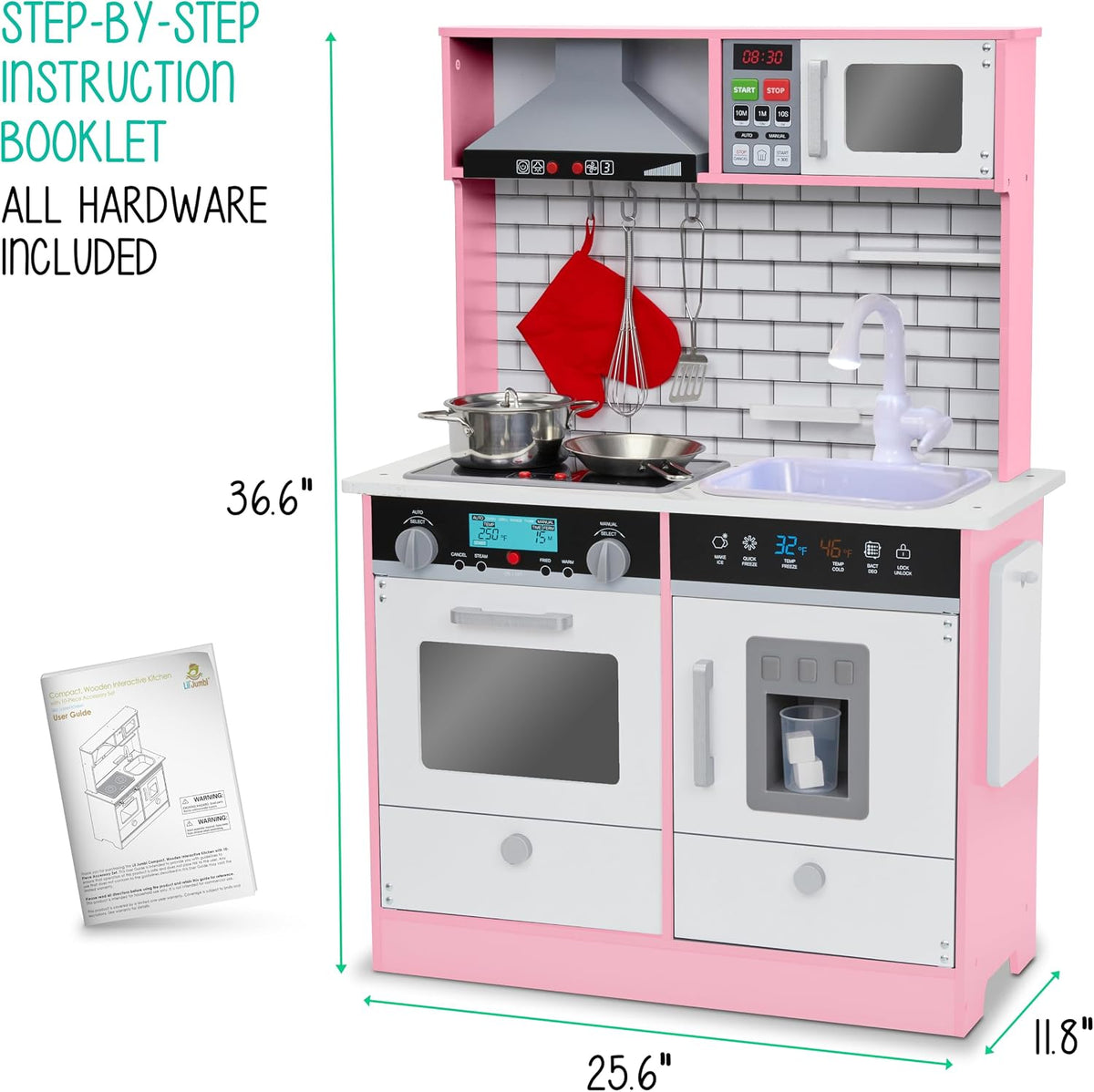 Wooden Play Kitchen Set, Range Hood & Oven Sounds, Pink, Medium