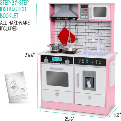 Wooden Play Kitchen Set, Range Hood & Oven Sounds, Pink, Medium