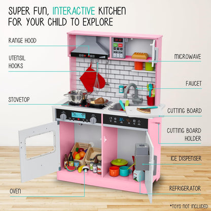 Wooden Play Kitchen Set, Range Hood & Oven Sounds, Pink, Medium