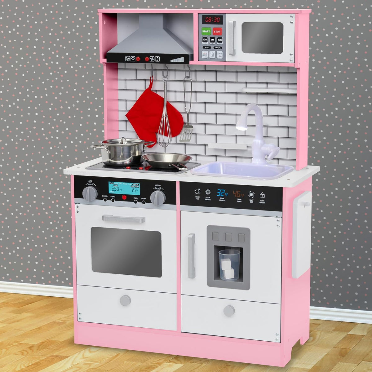 Wooden Play Kitchen Set, Range Hood & Oven Sounds, Pink, Medium