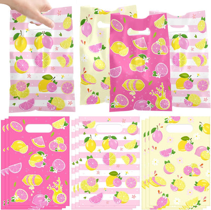 60 PCS Pink Lemon Party Gift Bags, Lemon Party Favors Bags Waterproof Plastic Goodie Bags for Lemon Birthday Party Decorations Supplies Gifts