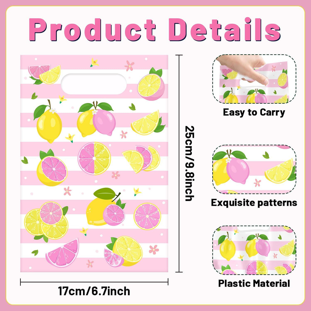 60 PCS Pink Lemon Party Gift Bags, Lemon Party Favors Bags Waterproof Plastic Goodie Bags for Lemon Birthday Party Decorations Supplies Gifts